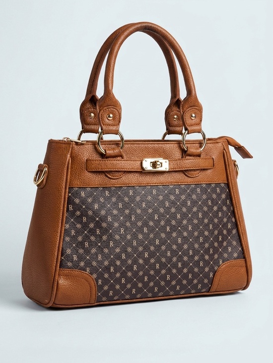 The Danbury Mint Handbags - The Danbury Mint Monogram Structured Satchel Brown Faux Leather Top Handle Cross
